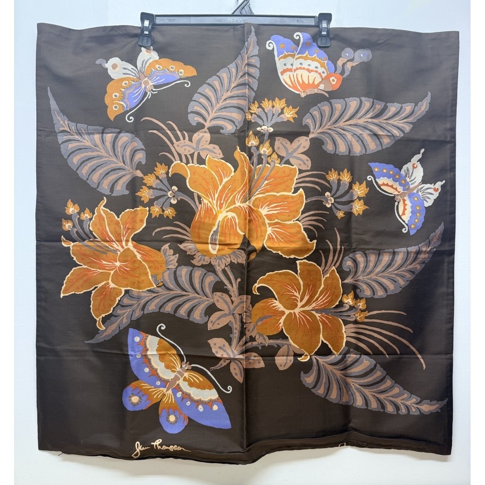 Vtg Jim Thompson Thai Silk Pillow Cover 31" Floral Butterfly Brown Signed #30